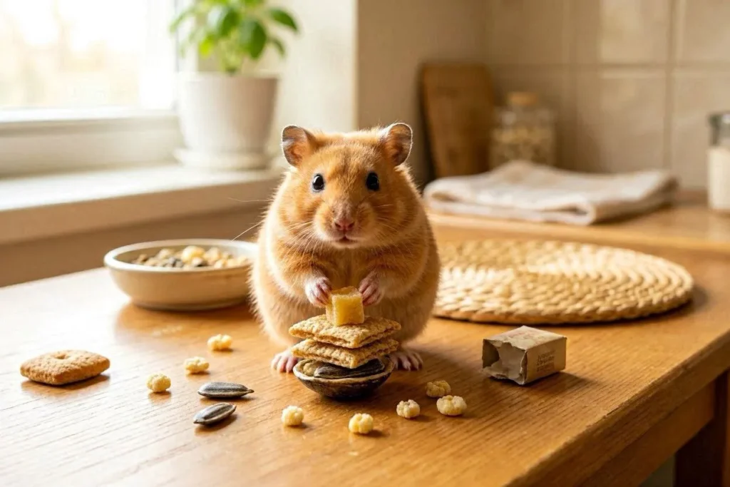 Hamster empilhando comida